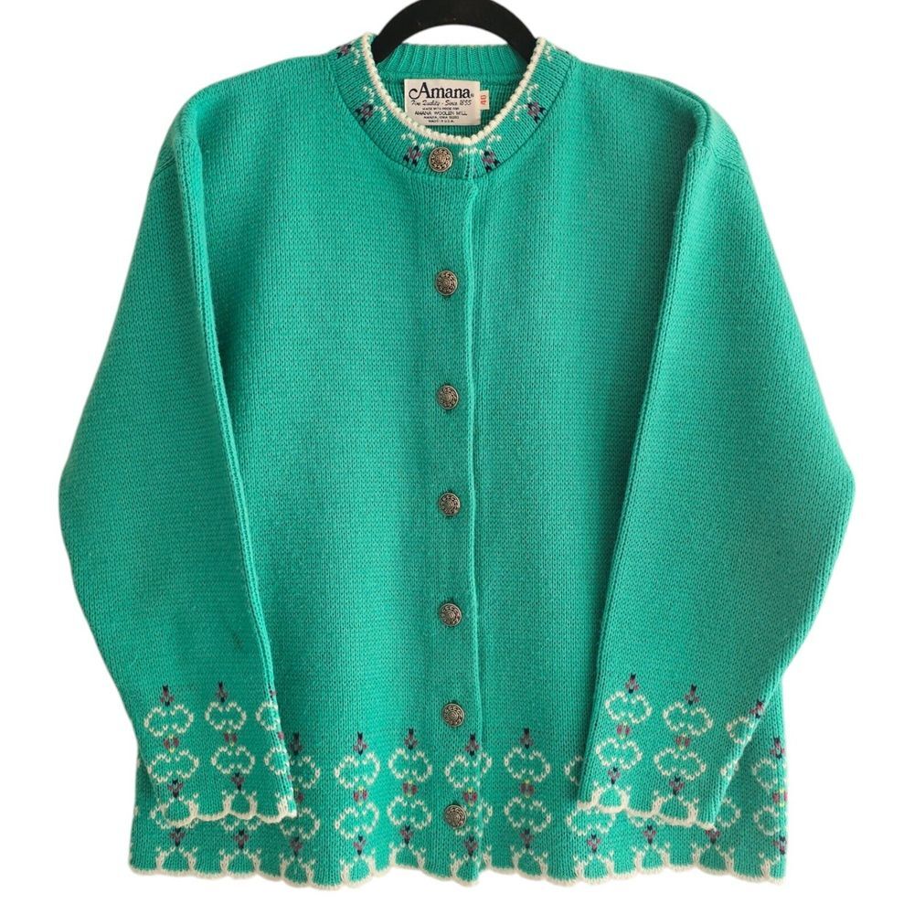 VTG Amana Wool Cardigan Sweater Turquoise Green Button Up USA Teacher Cottage ~